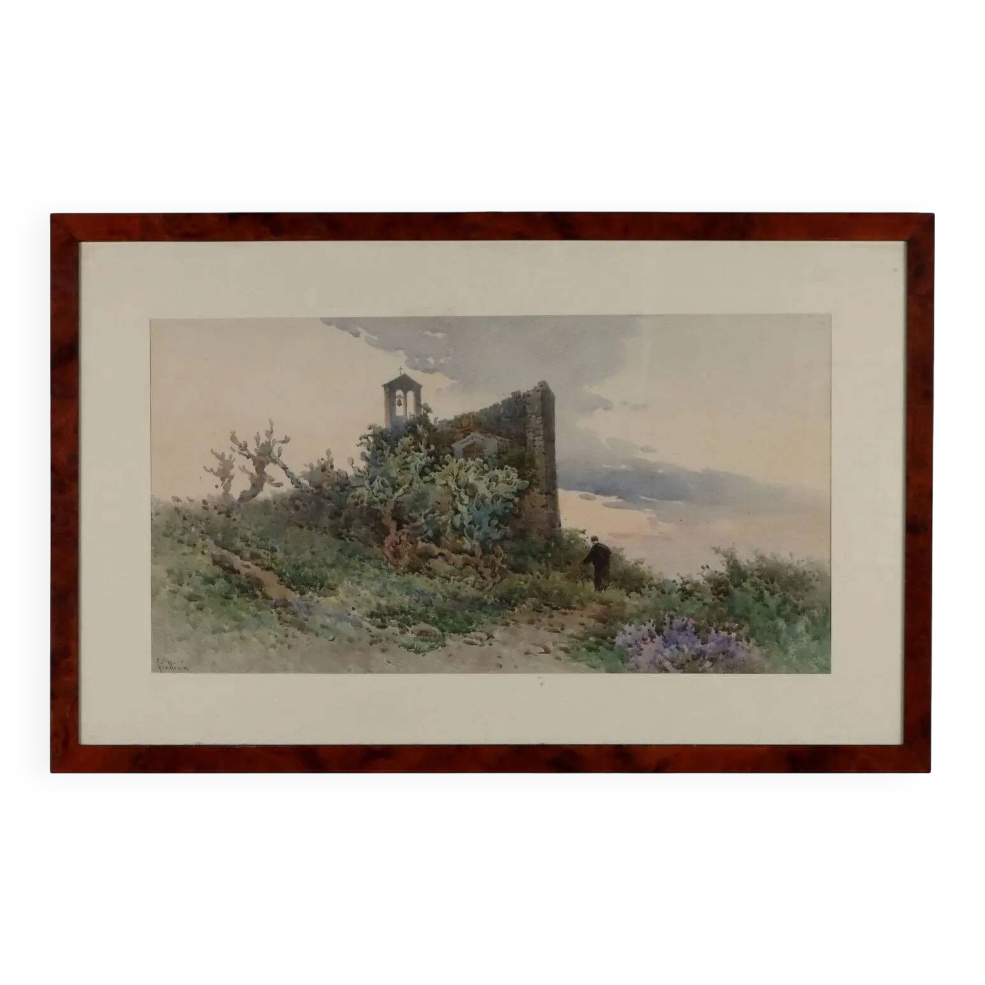 Old painting signed Angelos Giallinas, watercolour on paper from the 1800s.