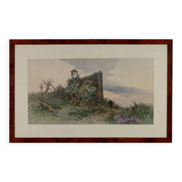 Peinture ancienne signée Angelos Giallinas, aquarelle sur papier '800