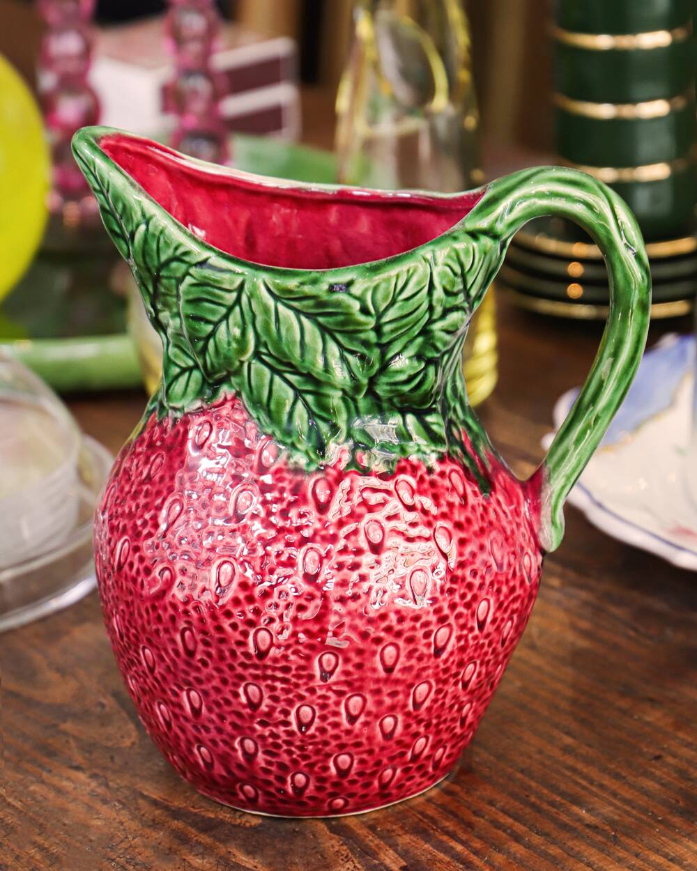 Large Vintage Italian Majolica Ceramic Strawberry-Shaped Pitcher or Jug