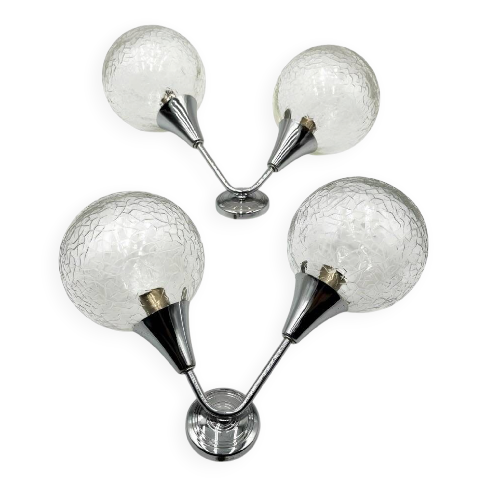 Pair of Space Age wall lights with cracked glass and chrome