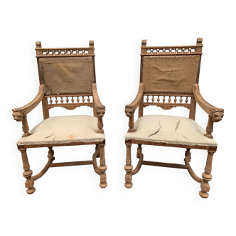 Pair of renaissance style armchairs in carved walnut XX century