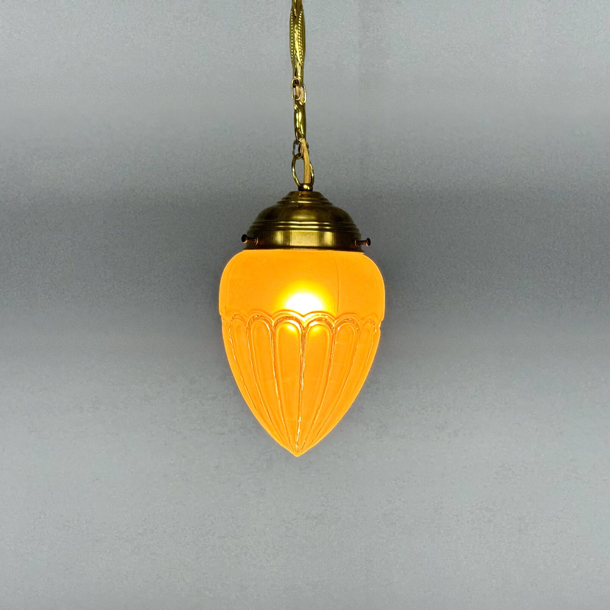 Art Deco Brass & Glass Pendant Light, Germany 1930s, Restored