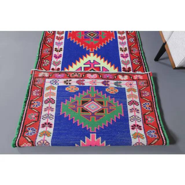 1970s Vintage Turkish Hand-Knotted Wool Cotton Blue Runner Rug 83x364