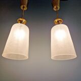 Pair of Mid Century Pendant Lights in Brass and Clear Crackle Glass, 1950s