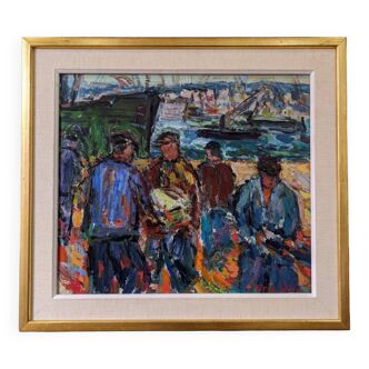 Mid-Century Modern Swedish "Coastal Dock" Vintage Figurative Oil Painting, Framed