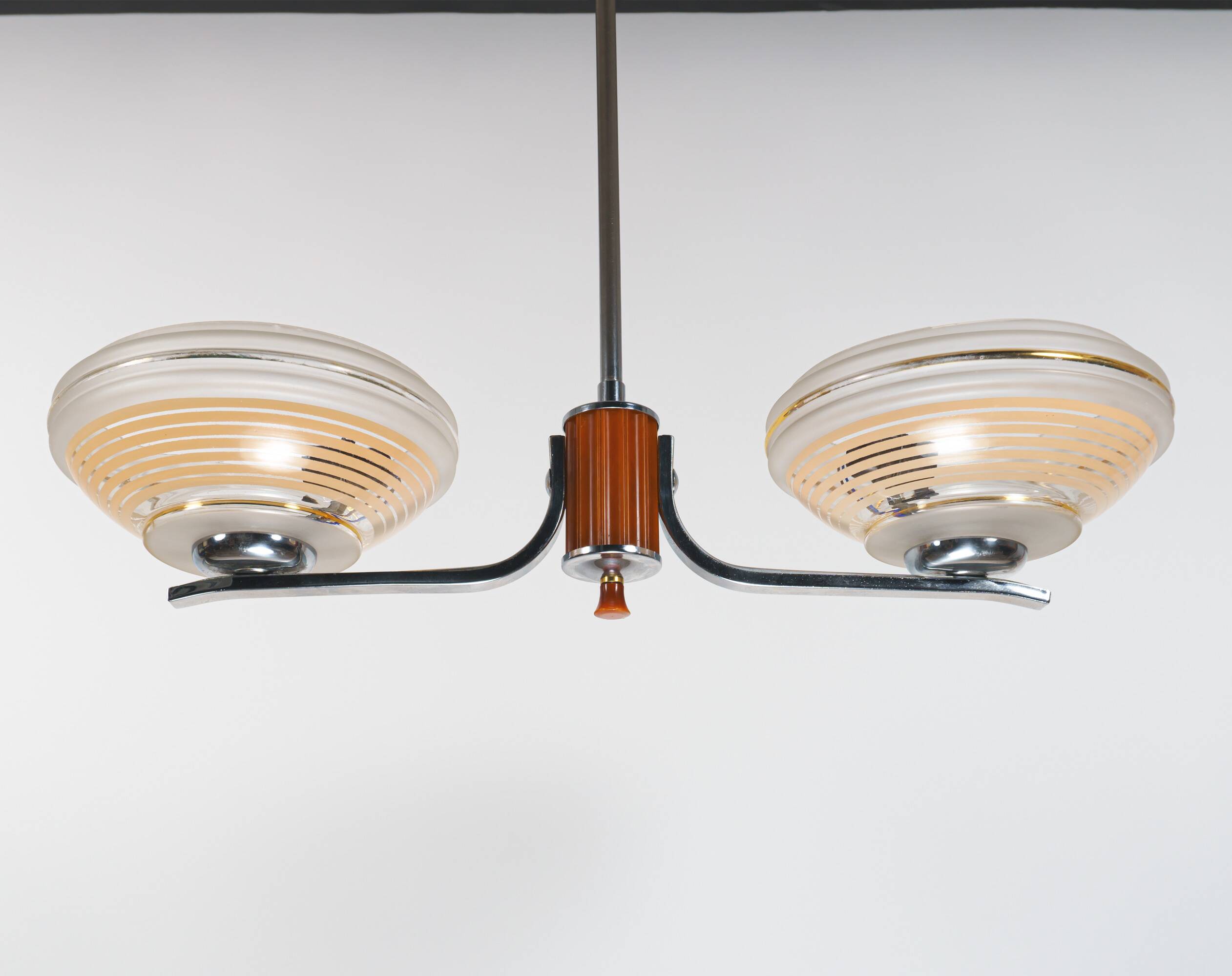 1930s English Art Deco 2-Arm Chrome & Butterscotch Bakelite Chandelier Lamp