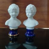 Pair of children's busts in blue lapis lazuli biscuit