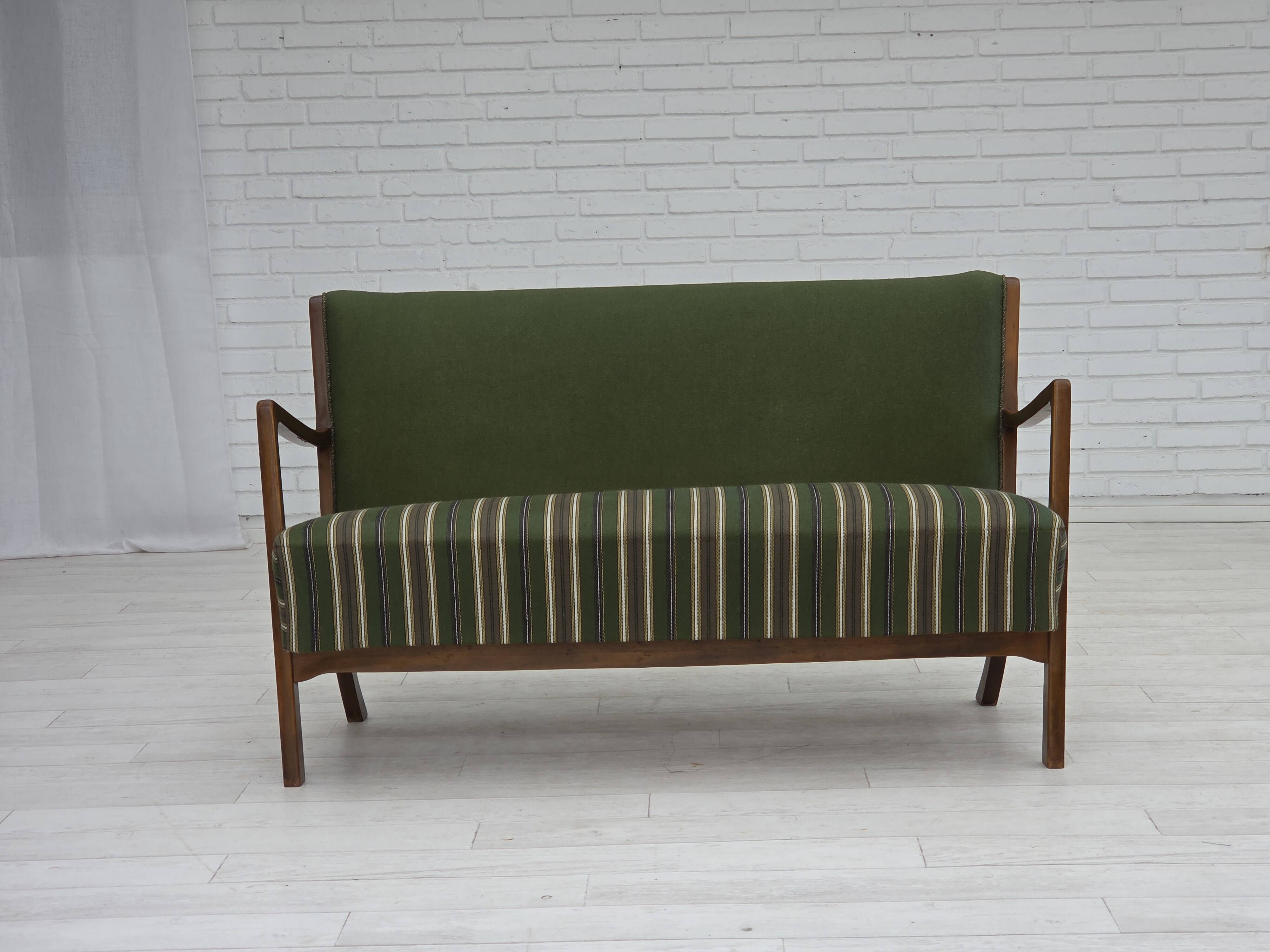 1960s, Danish 2-seater sofa, furniture wool, beech wood, original.