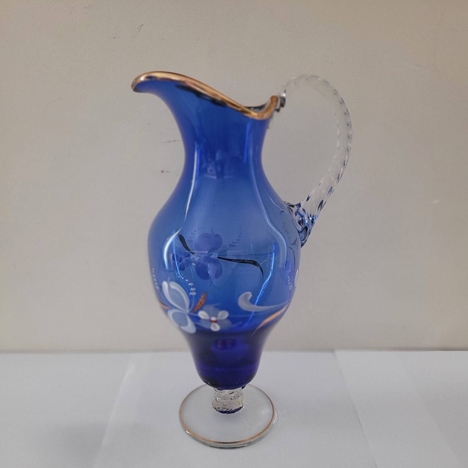 Ewer/pitcher, cobalt blue glass, enameled with flowers, 1950s-60s