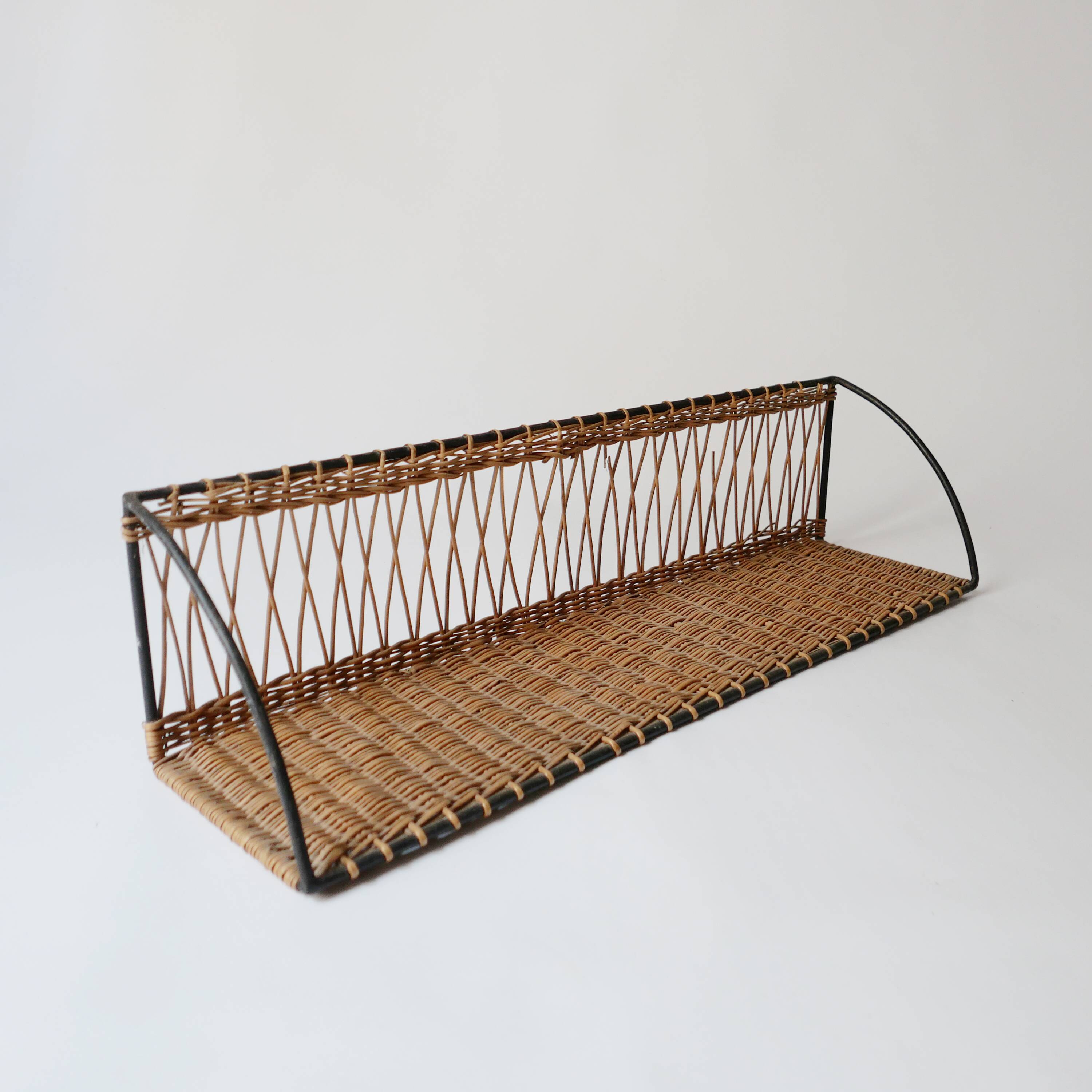Vintage metal and wicker wall shelf, 1950s-1970s design, Mategot