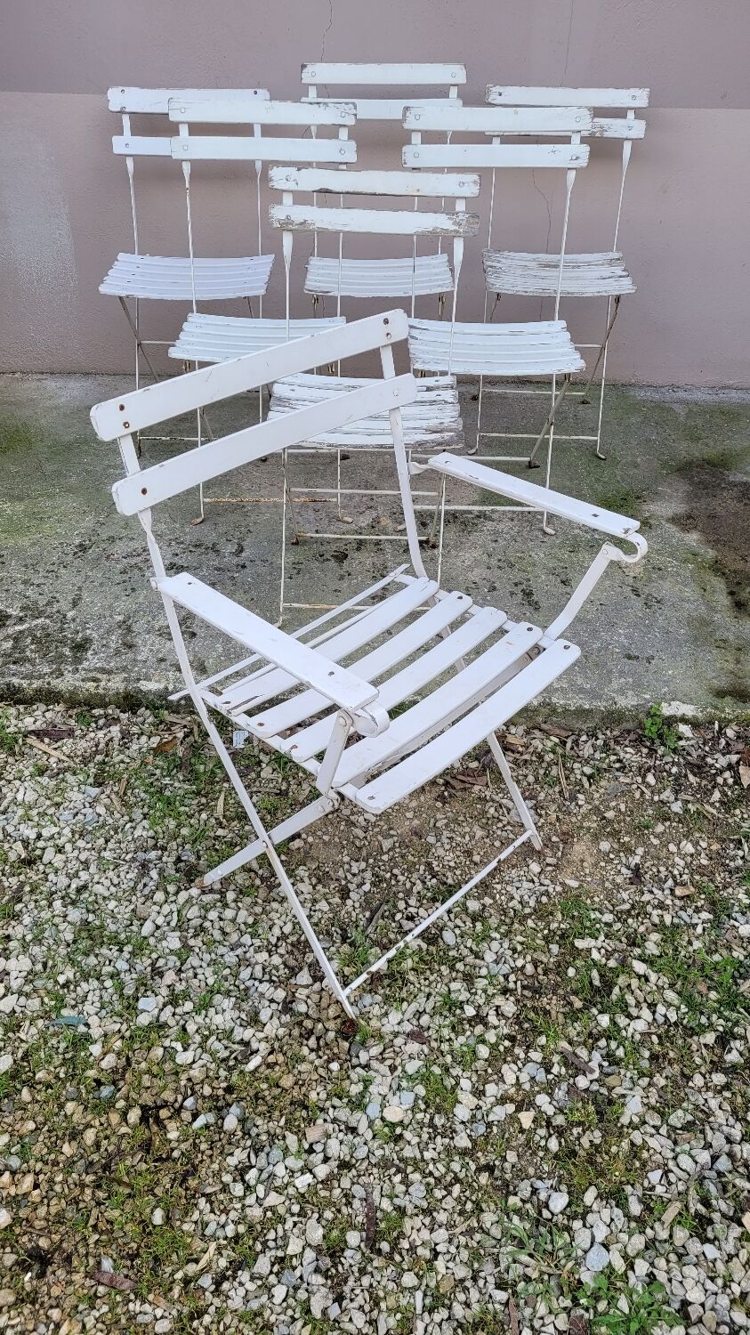 Series of 6 chairs and 1 folding armchair of iron garden bistro