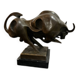 Bronze bull on marble base signed Milo