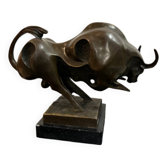 Bronze bull on marble base signed Milo