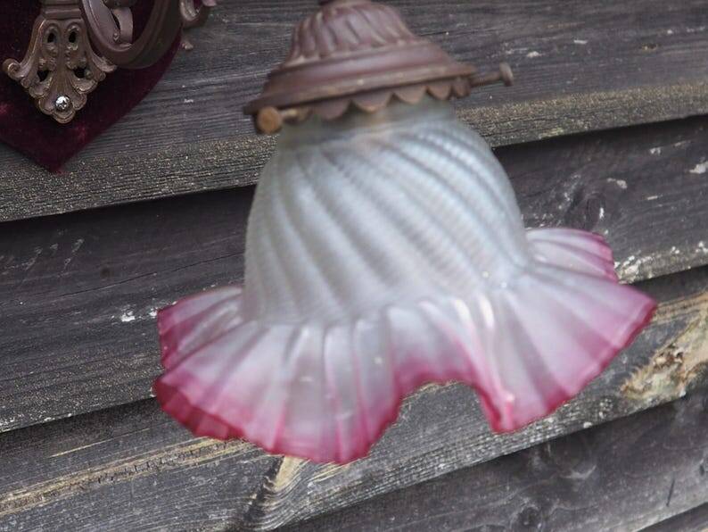 Art Nouveau Wall Sconce: French Metal, Opaline Rose Shade, C1950s