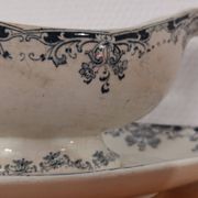 Gravy boat on foot in blue/green iron clay model "Mignon", H & Cie Sarreguemines