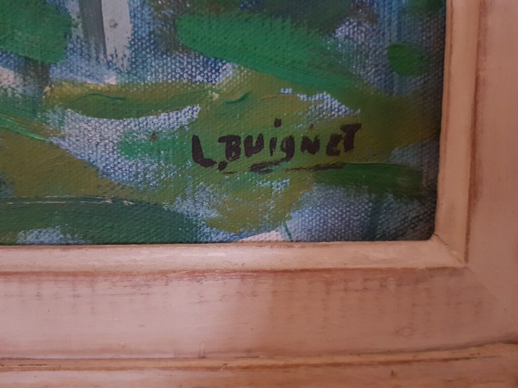 Old oil on canvas painting framed houses