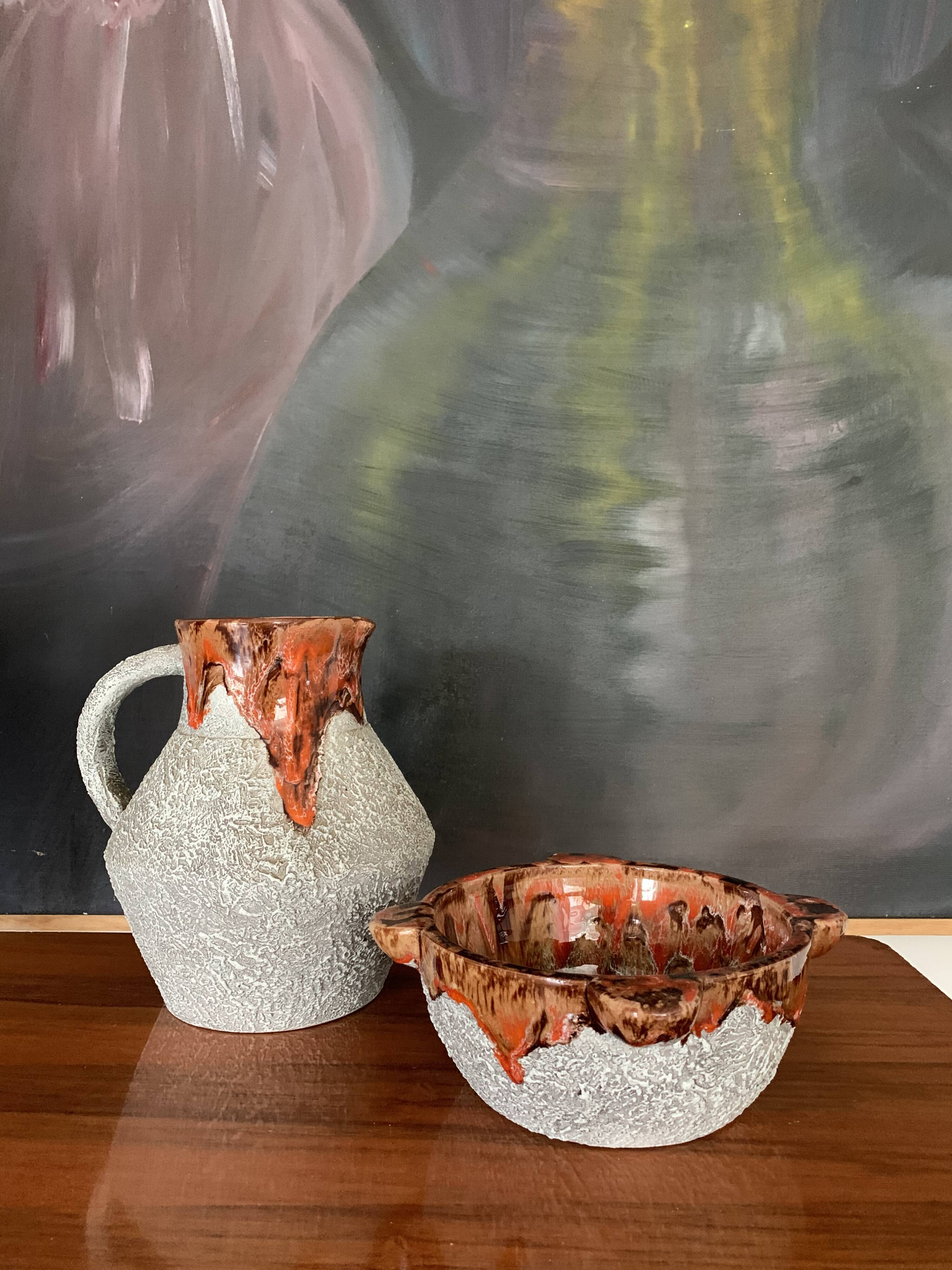 Vintage glazed pitcher and mortar duo
