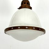 Vintage Industrial chandelier in copper and milk glass. Italy 1950s