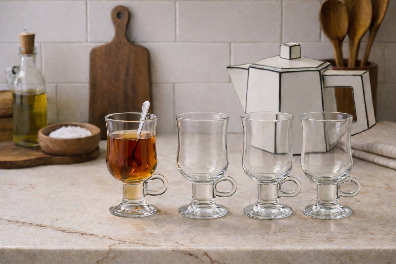 Set of 4 vintage footed tea glasses – ring handles – bistro style