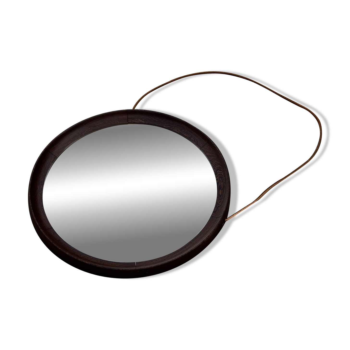 Miroir rond vintage scandinave en bois de wengé avec bracelet en cuir, design années 60