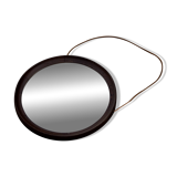 Miroir rond vintage scandinave en bois de wengé avec bracelet en cuir, design années 60