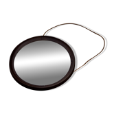 Vintage Scandinavian Round Wenge Wood Mirror Leather Strap 60's desig