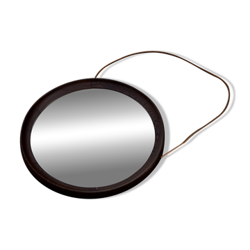 Miroir rond vintage scandinave en bois de wengé avec bracelet en cuir, design années 60