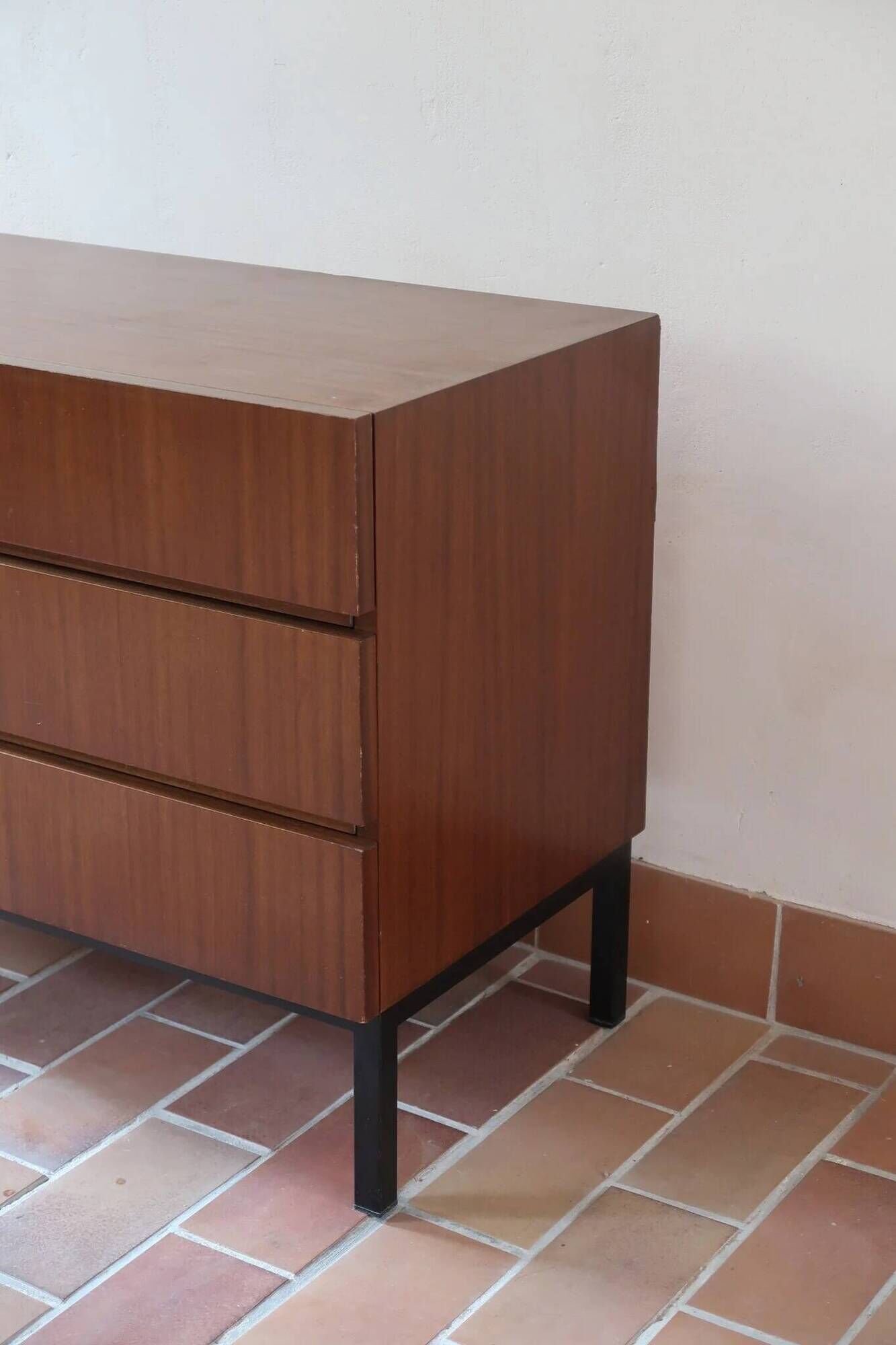 Teak chest of drawers with 3 drawers, black metal legs, 1960s.
