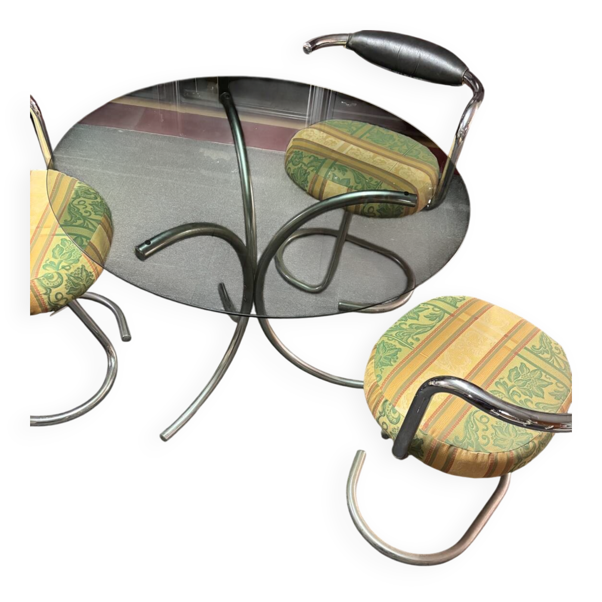 Table ronde en verre avec 3 chaises vintages