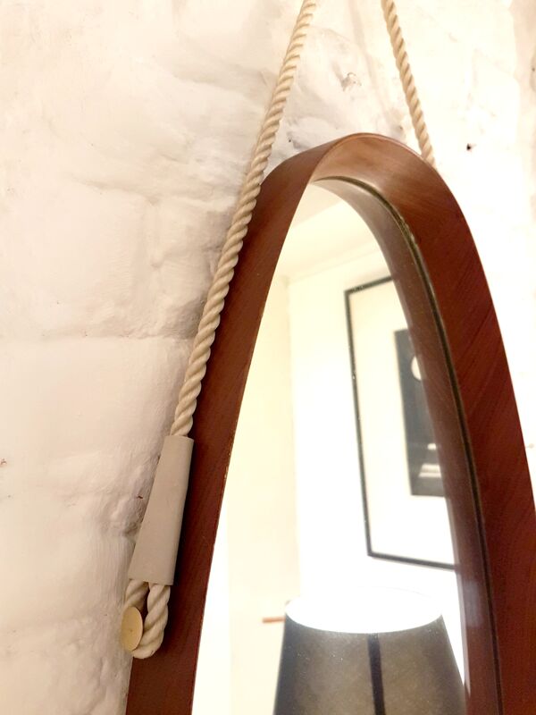 Miroir de hall ovale cadre bois scandinavie 1960s 33x100cm