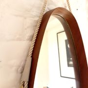 Oval hall mirror, wooden frame. Scandinavia 1960s 33x100cm