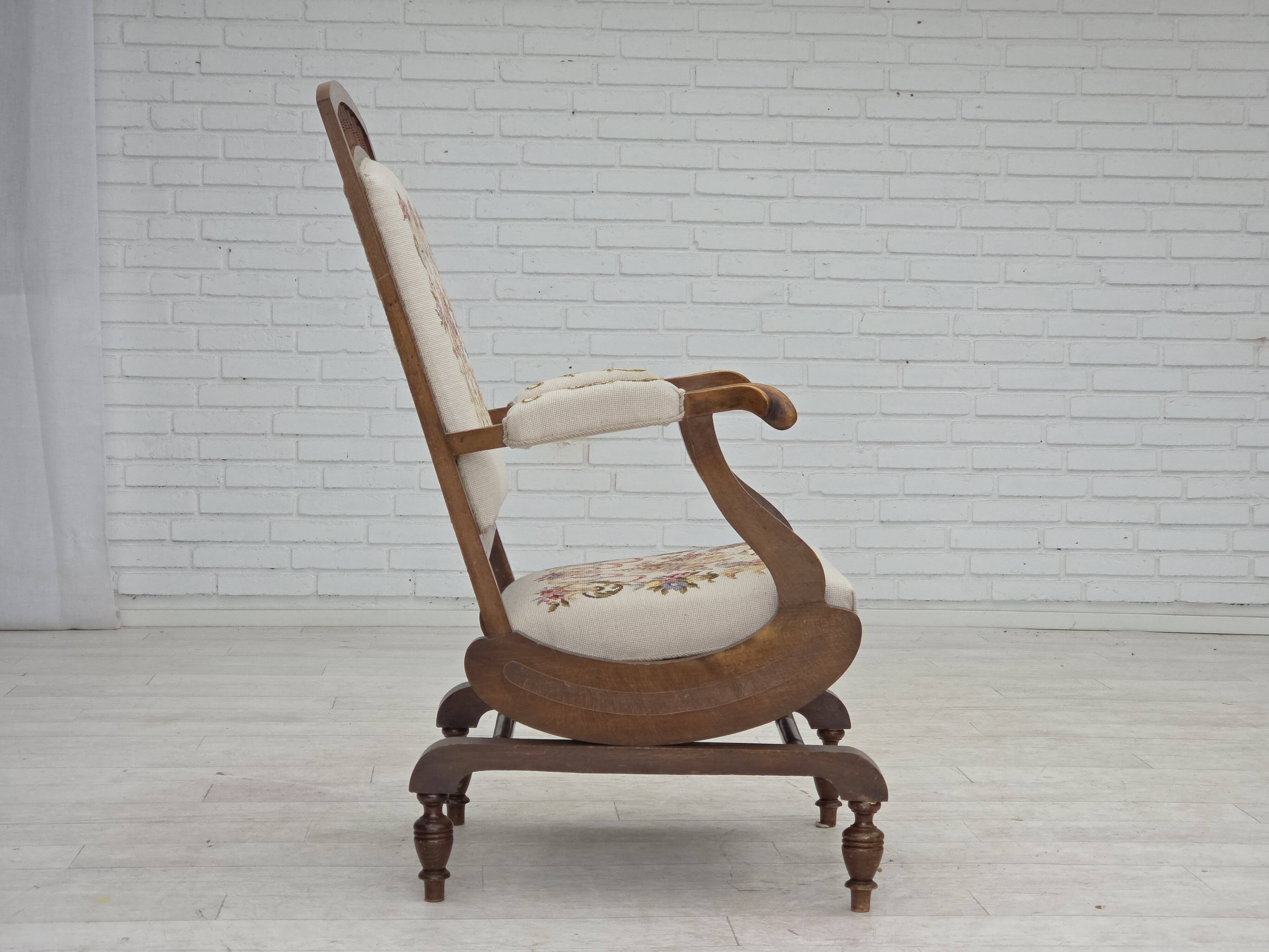 1930s, Danish highback rocking chair, original hand woven wool, ash wood.