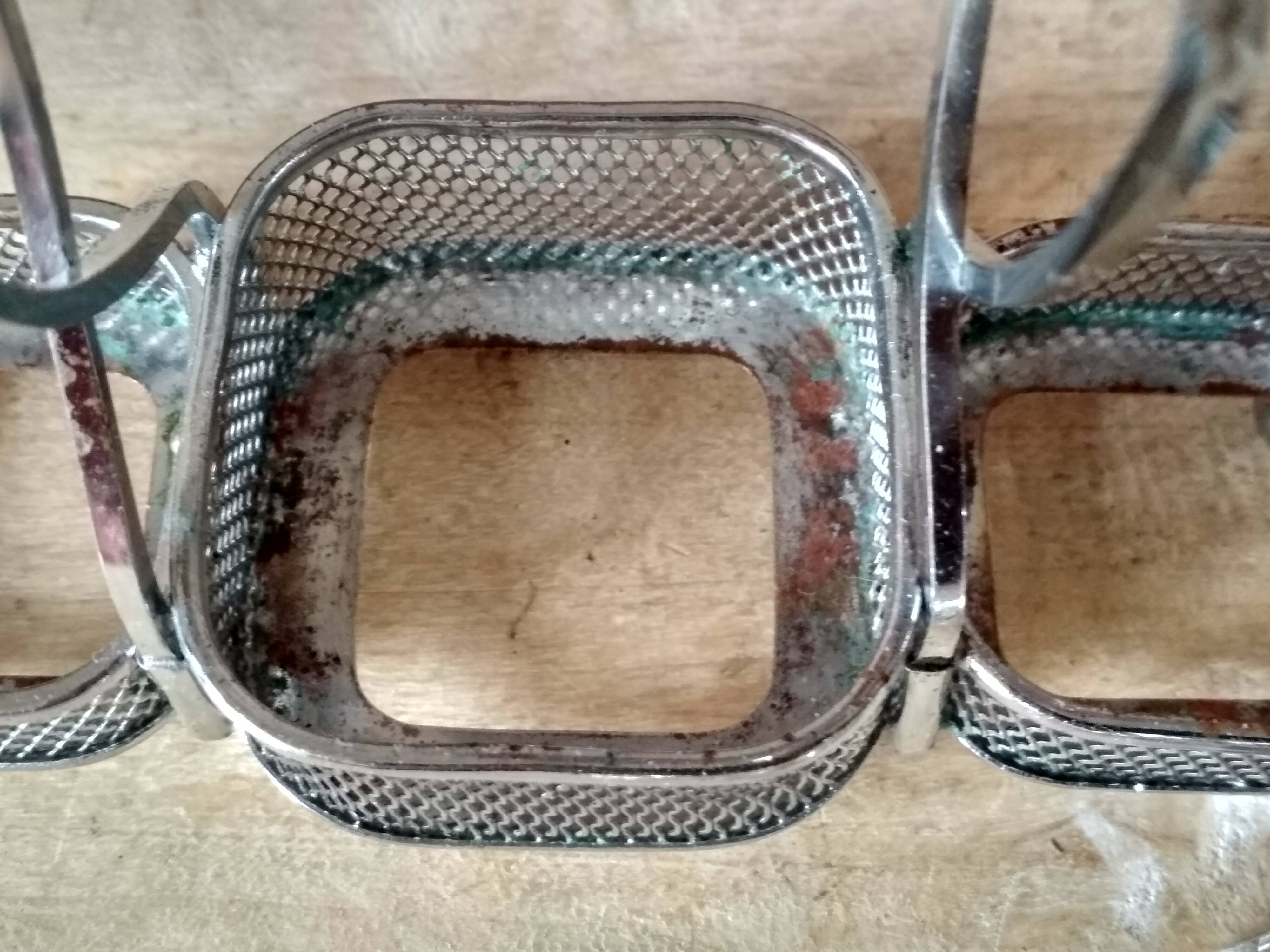 Set of 2 small salt pots and mustard pot in molded glass on their metal servant