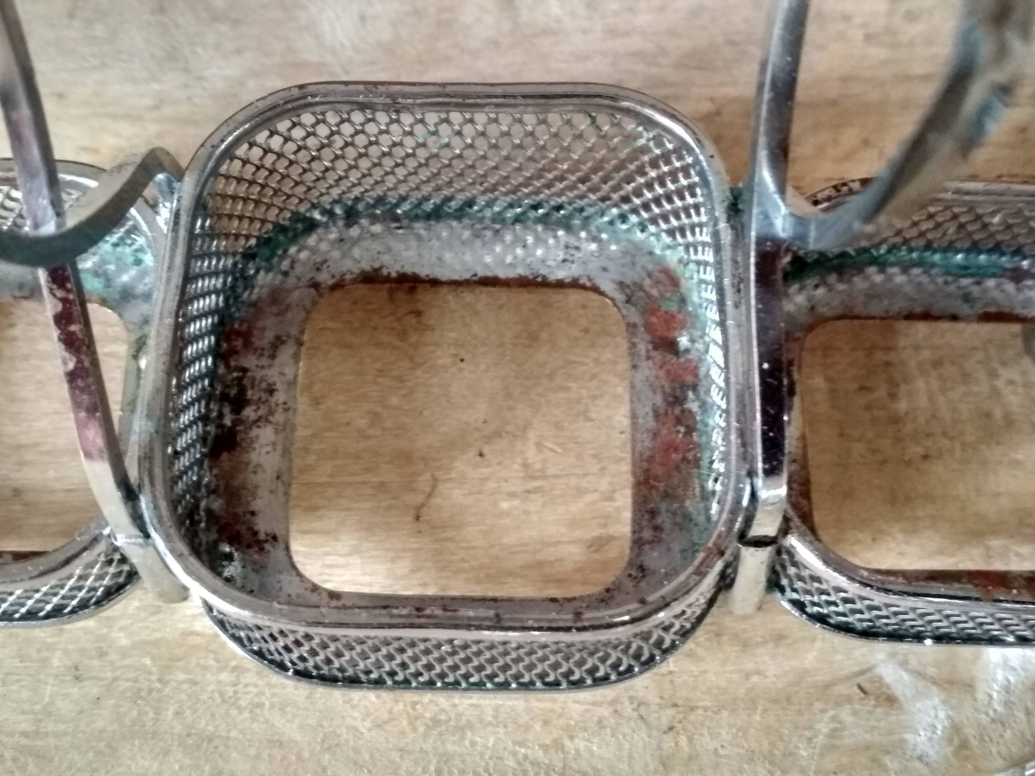 Set of 2 small salt pots and mustard pot in molded glass on their metal servant