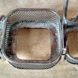 Set of 2 small salt pots and mustard pot in molded glass on their metal servant