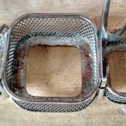 Set of 2 small salt pots and mustard pot in molded glass on their metal servant