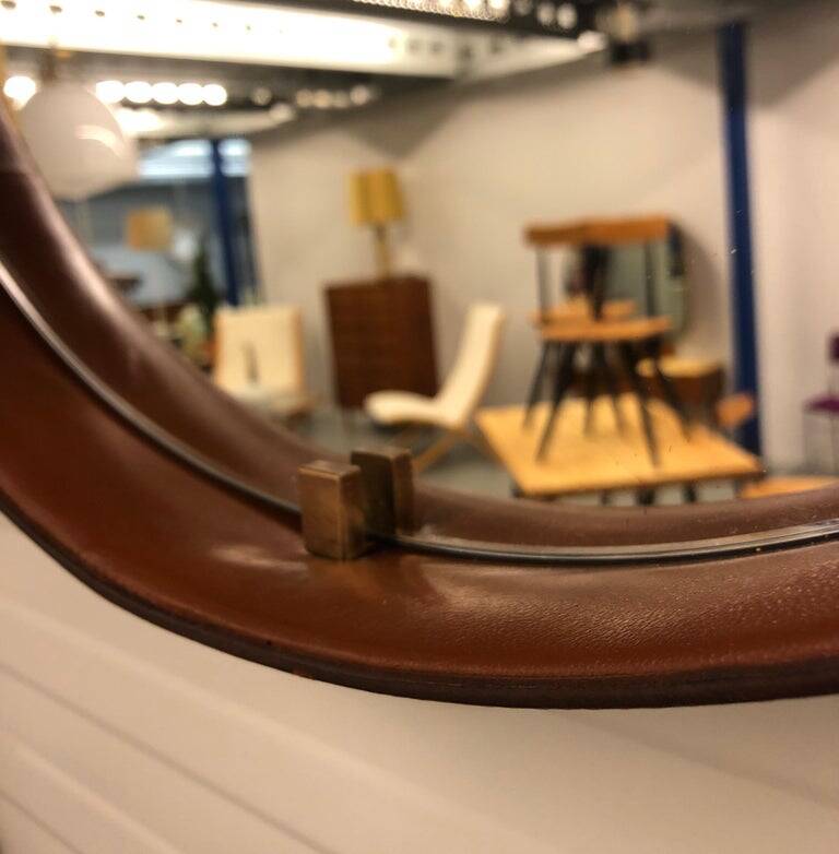 Miroir en cuir cognac Pizzetti, Italie années 1950