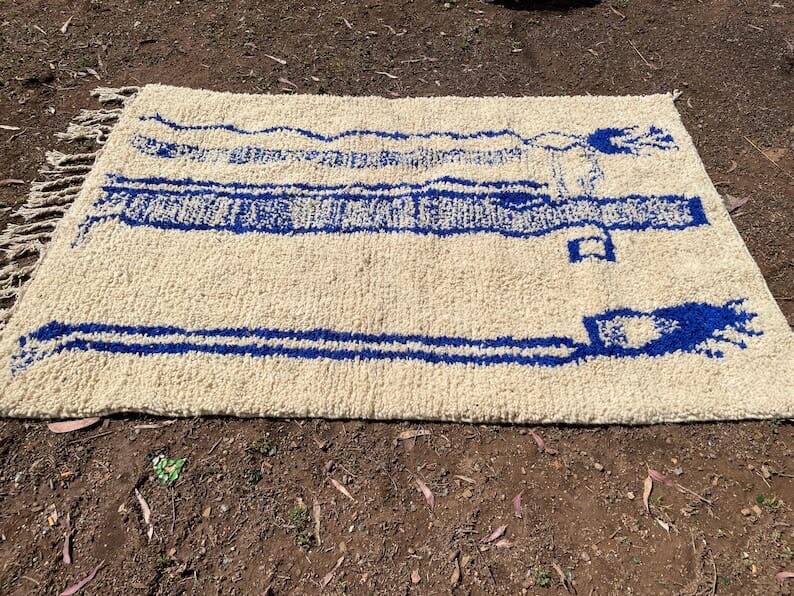Authentic handmade Azilal Berber rug in blue and white, 2/3 m.