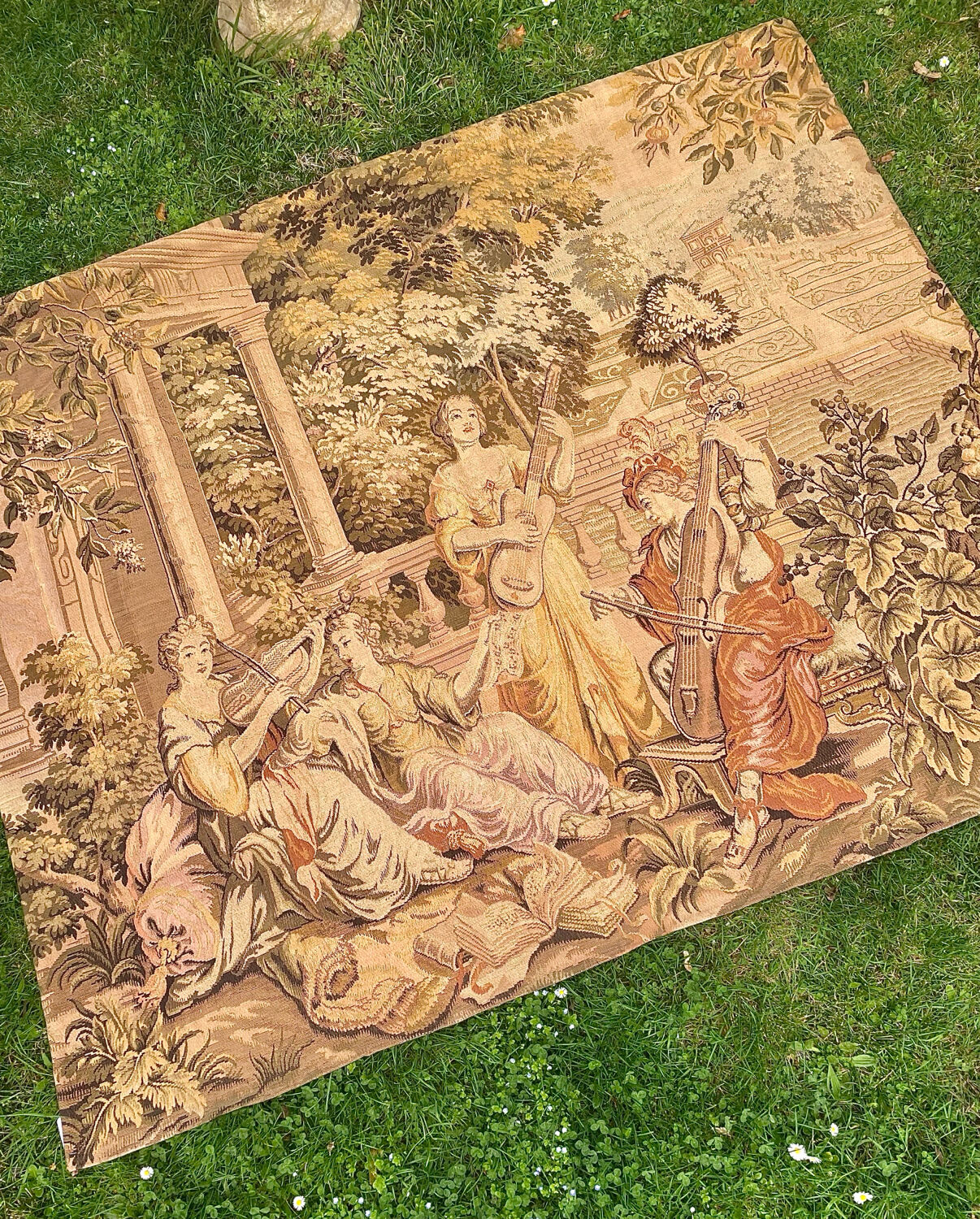 Large Aubusson-style wall tapestry with a musical scene.