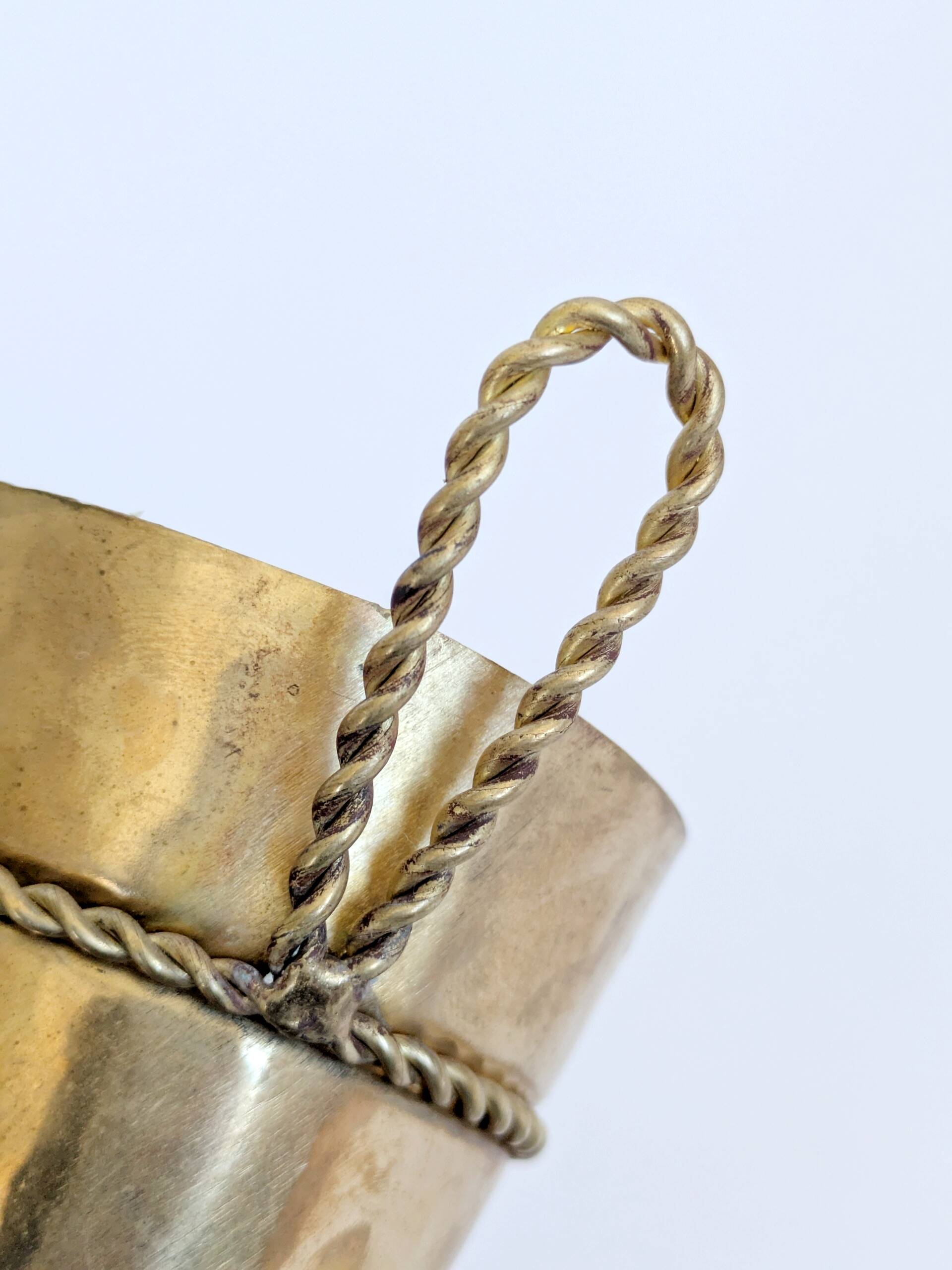 Vintage Brass Wall Cornet Vase Twisted Cord Pompons Bouquet Holder