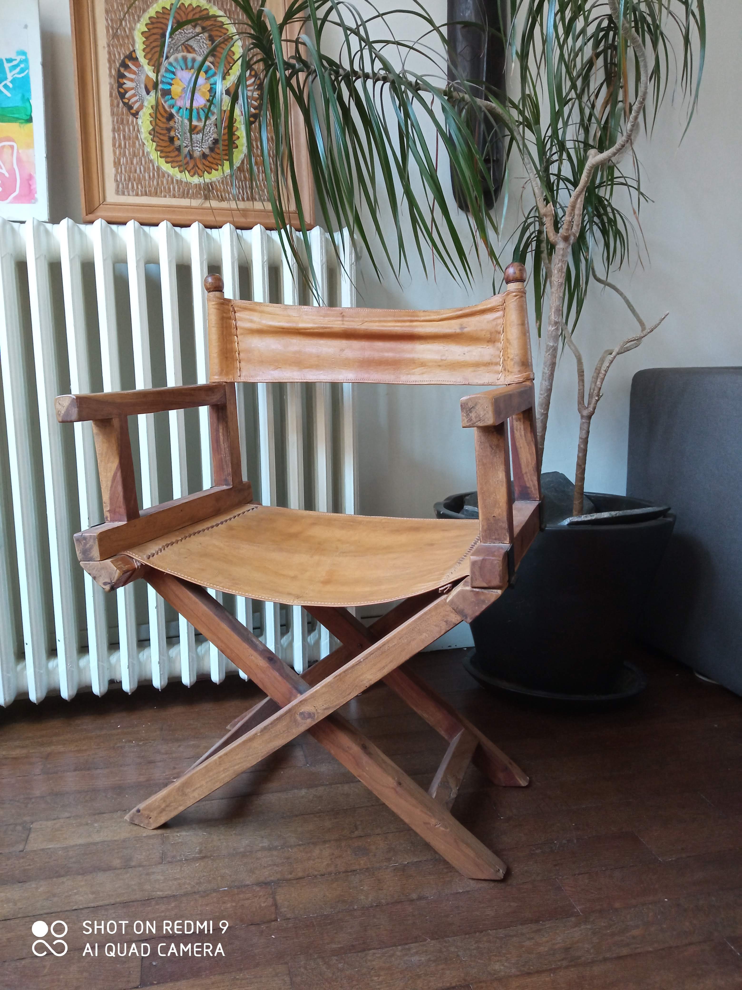 Old wood and leather safari chair