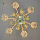 Venetian chandelier in colorless and green Murano glass, 6 light arms circa 1940
