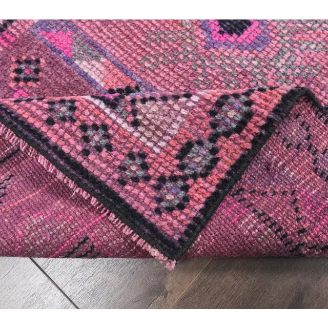Vintage Pink Geometric Turkish Hand-Knotted Runner 80x337