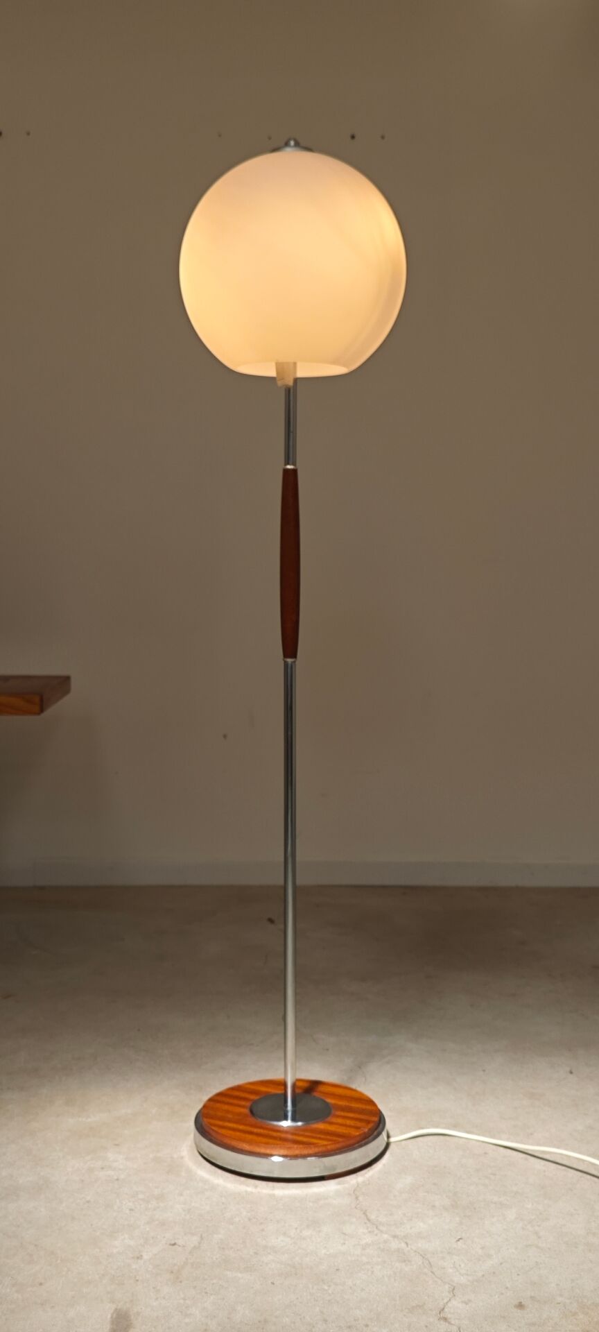 Modernist floor lamp in teak, chrome metal, opaline, Czechoslovakia 60s