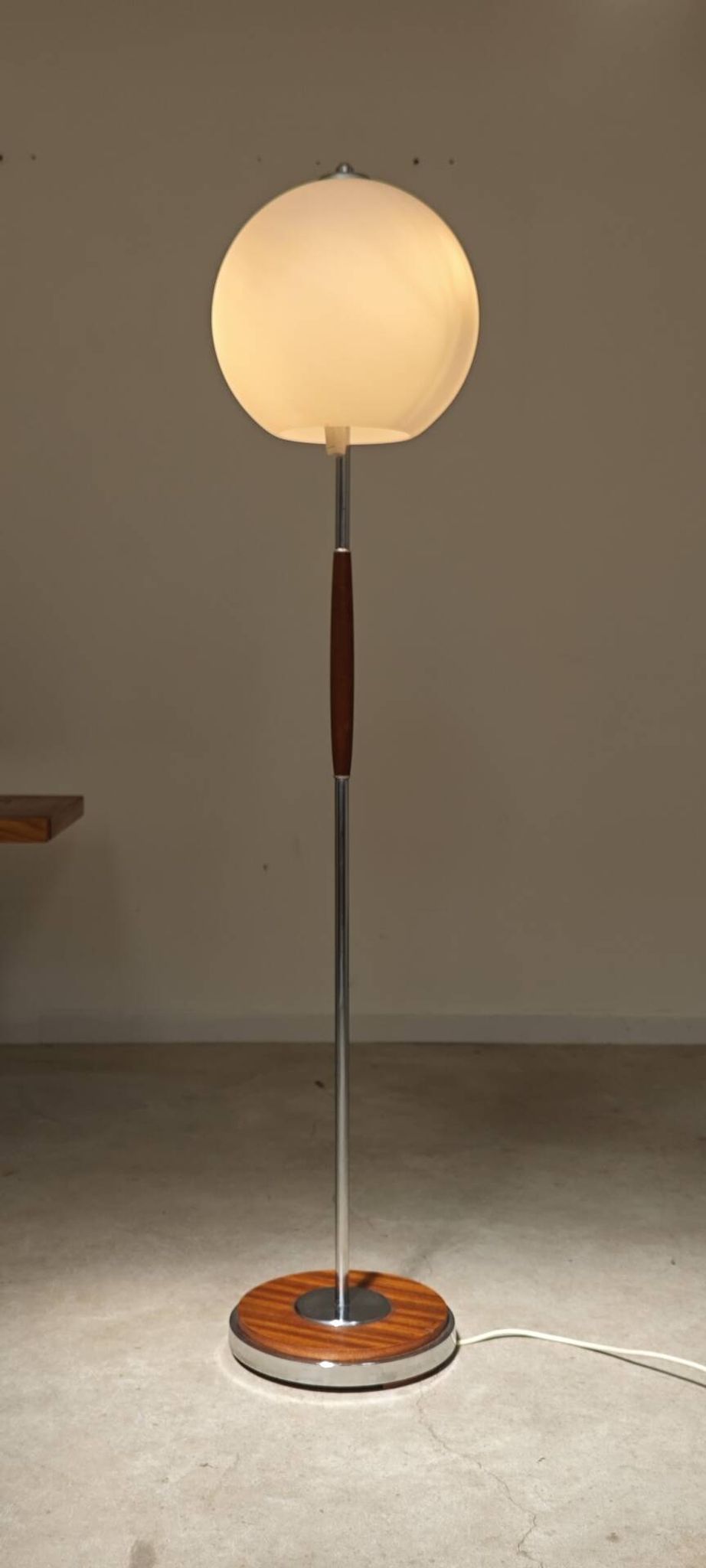 Modernist floor lamp in teak, chrome metal, opaline, Czechoslovakia 60s