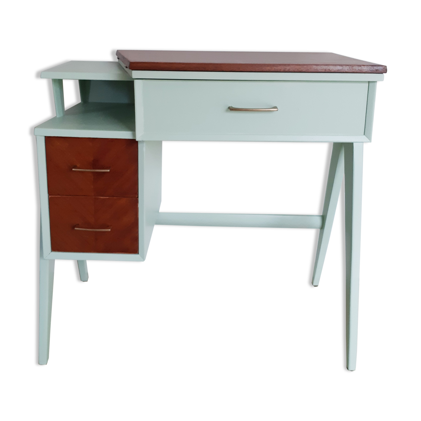 Bureau en bois vintage années 50 vert d'eau pieds compas