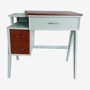 Wooden desk, vintage, 50s, water green, compass feet