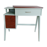 Bureau en bois vintage années 50 vert d'eau pieds compas