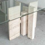 Glass & travertine dining table by Willy Ballez
