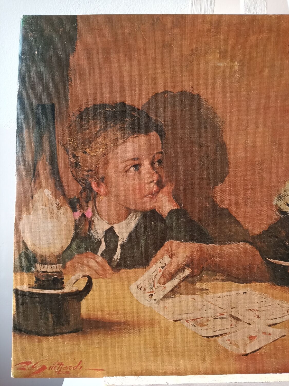 Reproduction of a painting the lady who shows the cards a little girl signed